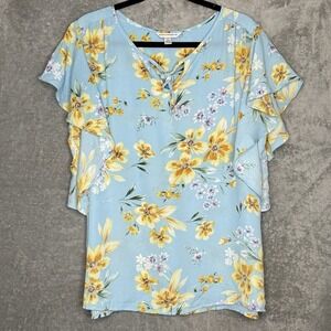 Counterparts XL Top Shirt Blue Floral Flower Cap Short Sleeve Keyhole Scoop Neck